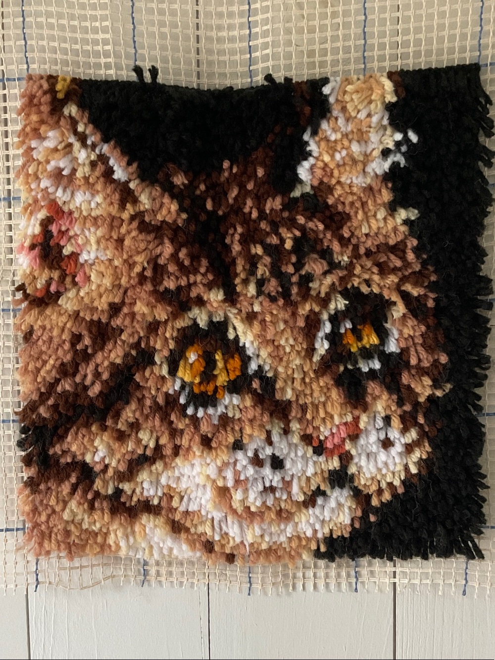 Completed WonderArt Latch Hook Art Kitty Face